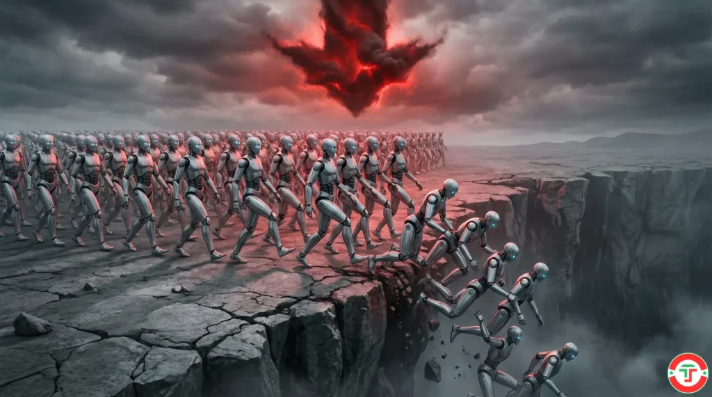 Rows of identical robot figures falling off a cliff edge in a domino cascade, representing AI herding risk and flash crashes