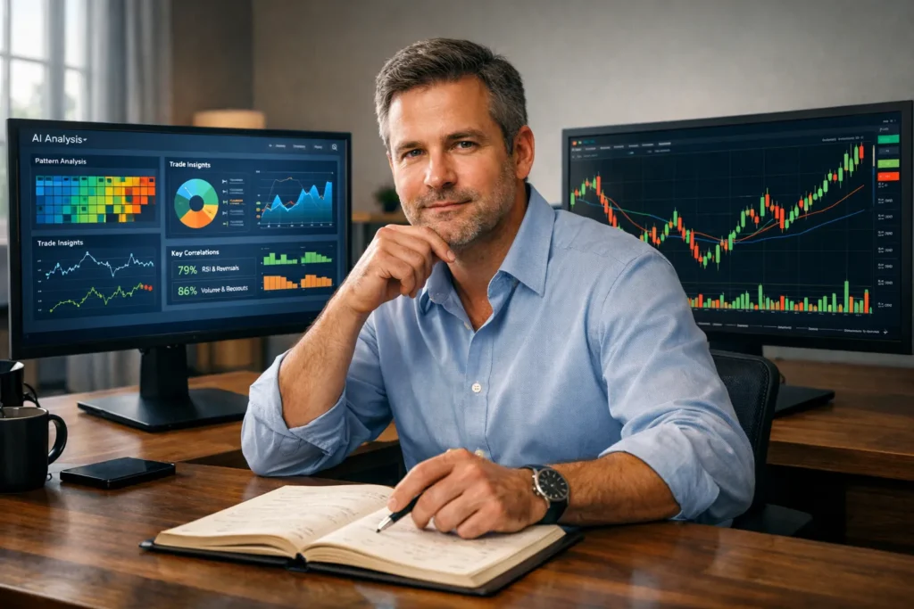  A confident trader sits between an AI analysis dashboard and a live market chart, with a physical journal on the desk, embodying the human-AI trading partnership.