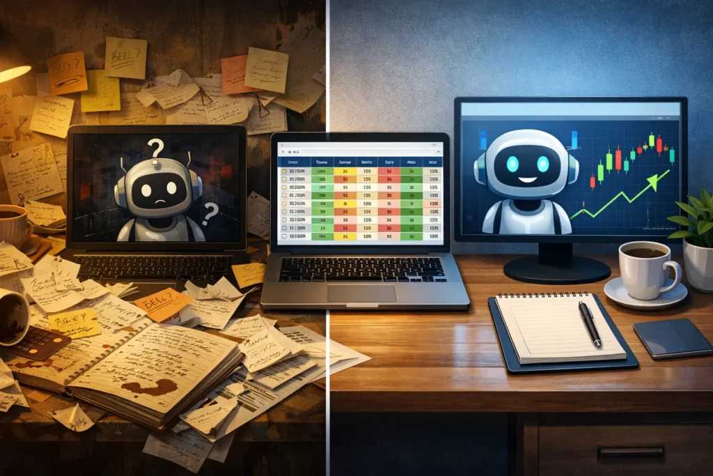 Split image contrasting messy, unstructured trading notes with a clean, organized spreadsheet ready for AI analysis—illustrating garbage in, garbage out.