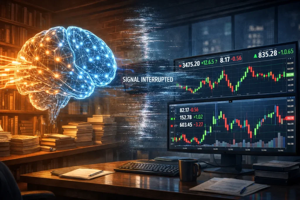Visualization showing AI neural network connected to historical documents but disconnected from real-time market data feeds