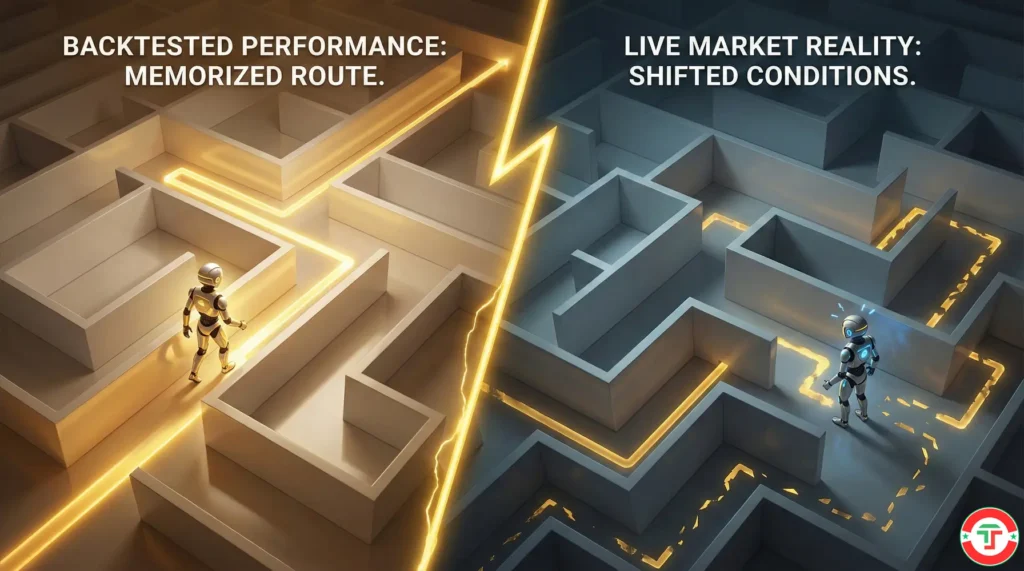 Split view of a robot navigating a maze perfectly on the left but stuck at dead ends when walls shift on the right, illustrating overfitting