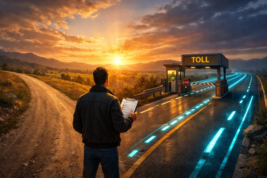 A trader standing at a crossroads choosing between a traditional path and a technologically advanced highway with a toll booth, representing the AI scanner upgrade decision