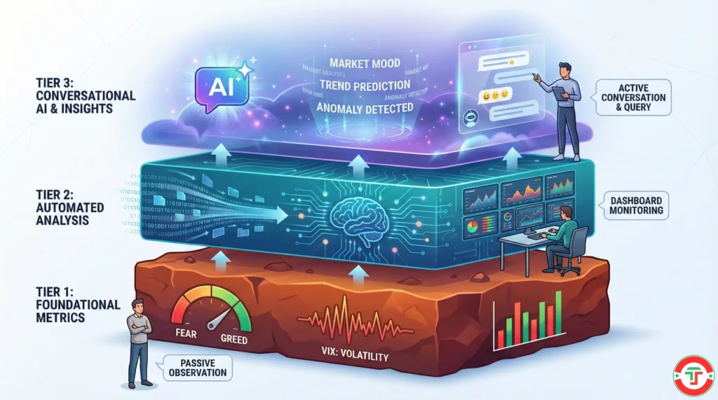 Three-tier sentiment analysis framework infographic showing traditional indicators, AI-enhanced platforms, and LLM-powered tools for day traders