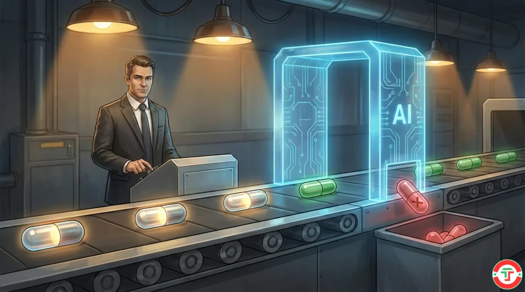 AI sentiment analysis acting as a quality control filter on a conveyor belt of trade ideas, with a trader monitoring the process