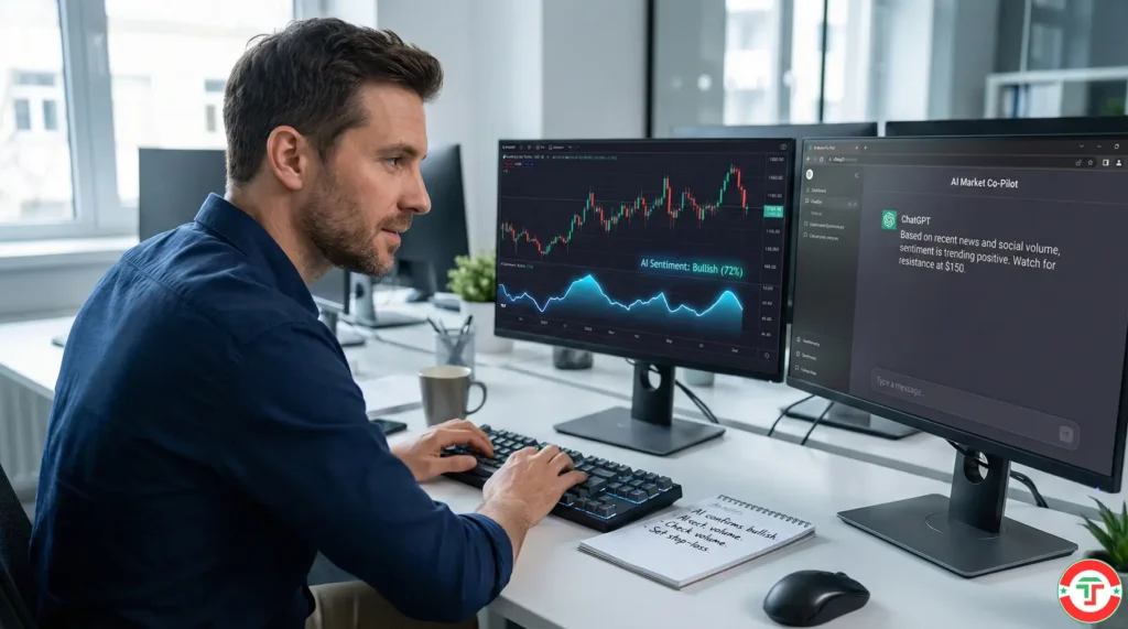 Professional trader using AI sentiment analysis on multiple monitors alongside handwritten notes, demonstrating human-AI collaboration