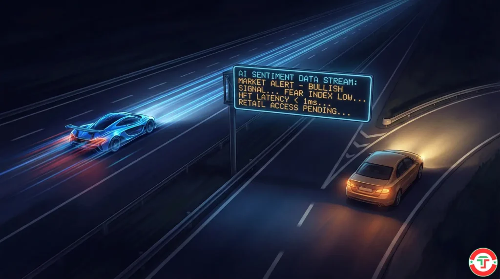 Visual metaphor showing the speed gap between institutional and retail traders accessing AI sentiment data on a night highway