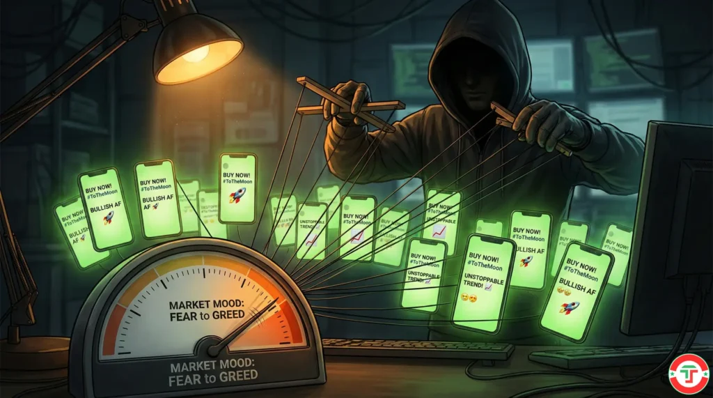 Shadowy puppet master controlling fake social media sentiment on multiple phones, corrupting AI sentiment analysis scores