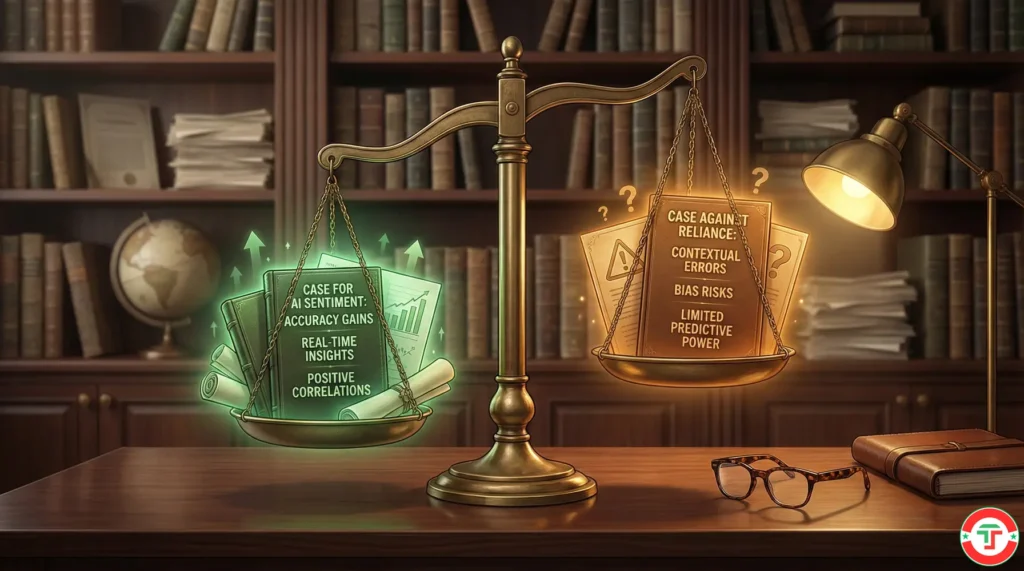 Balance scale weighing evidence for and against AI sentiment analysis effectiveness in trading, set in an academic research environment