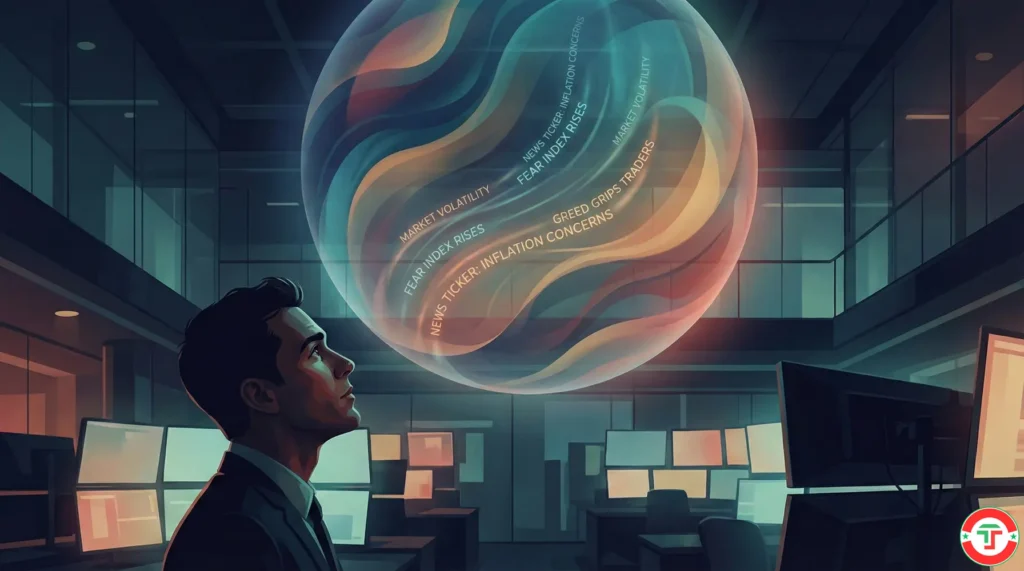 AI sentiment analysis holographic visualization showing market mood spectrum from fear to greed above a modern trading floor