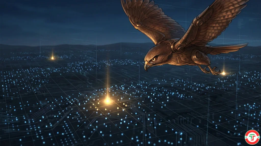 A hawk soaring over a digital landscape of thousands of data points, its sharp eye locked on the few glowing golden opportunities — representing AI-powered stock scanning.