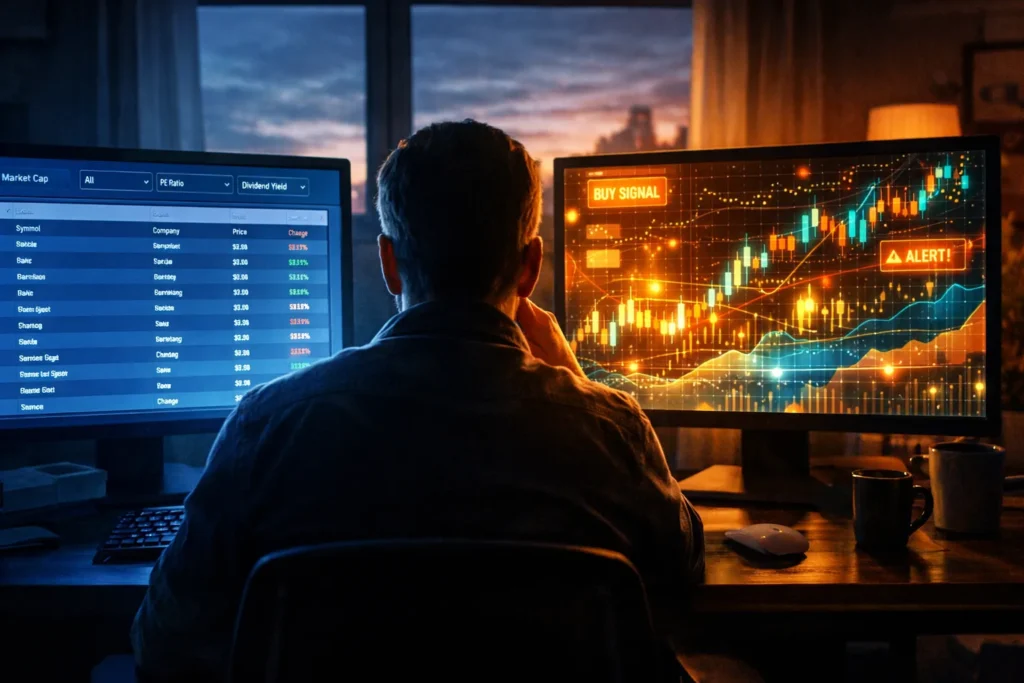 A trader evaluating two monitors showing traditional stock scanner filters versus an AI-powered scanner with dynamic pattern overlays and adaptive alerts
