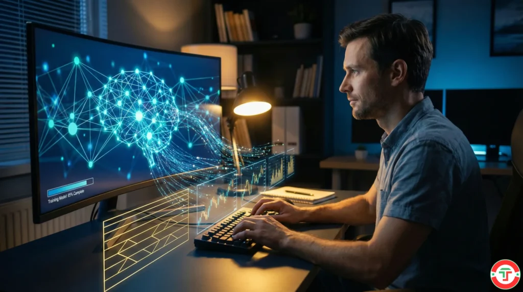 A trader at a modern desk watching a neural network visualization as their custom AI model trains — representing machine learning tools now accessible to retail traders.