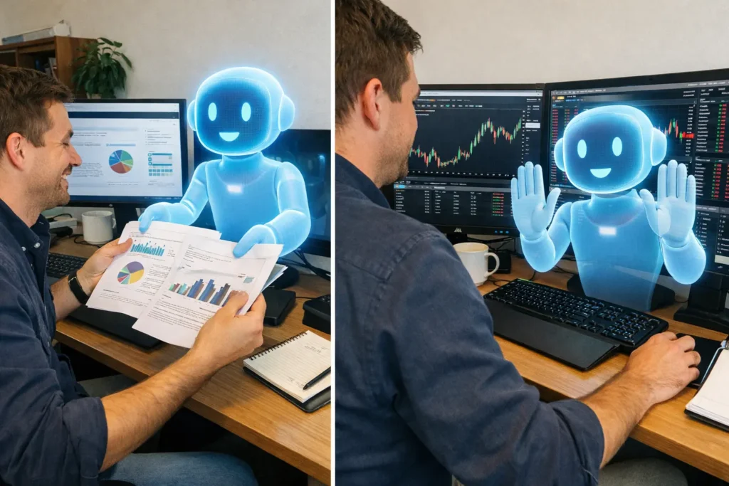 Split illustration showing AI assistant providing research documents to trader while indicating boundaries near real-time trading terminal