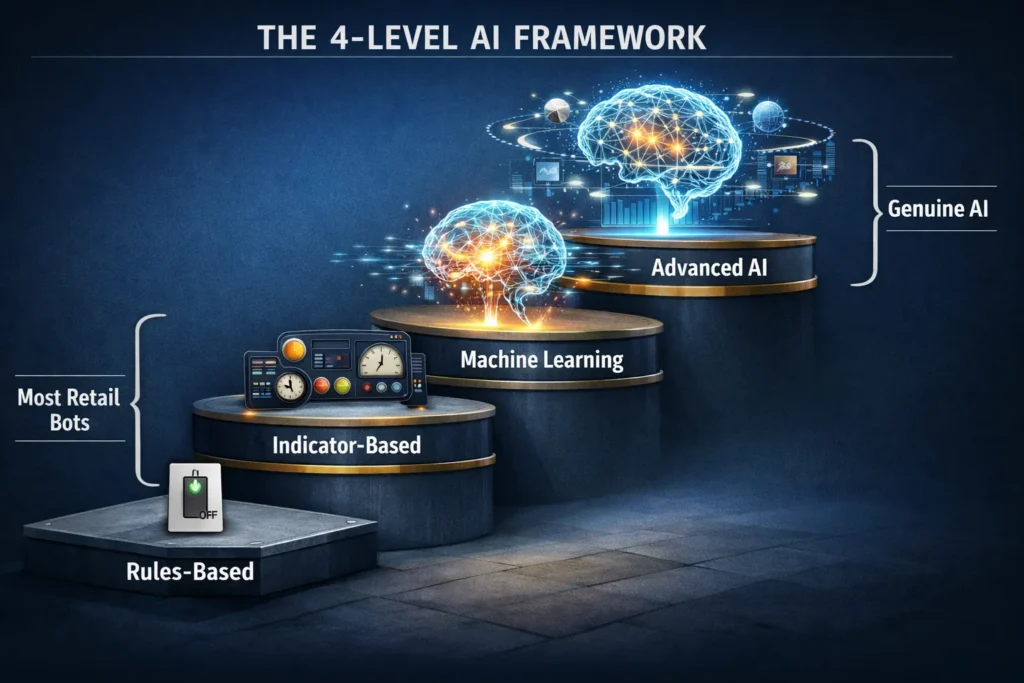 Infographic showing four ascending levels of AI in trading bots from basic rules-based to advanced machine learning, with most retail bots at Levels 1-2.
