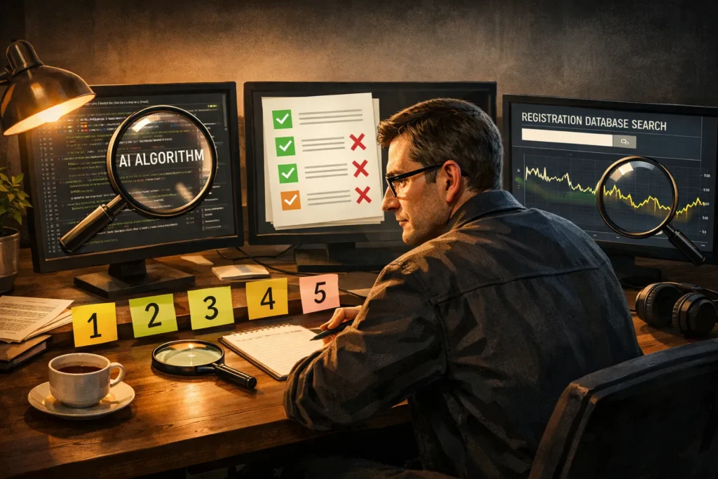 Trader at desk analyzing AI trading bot claims with investigation tools on multiple screens, representing the 5-Question Due Diligence Framework.
