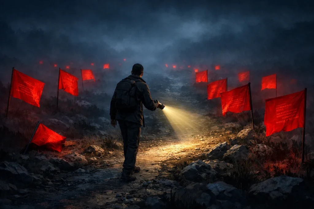 Trader navigating a foggy path with glowing red warning flags on both sides, representing the danger signs of fraudulent AI trading bots.