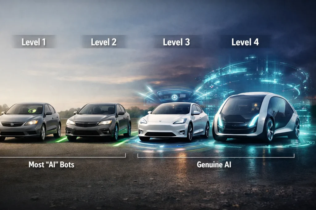 Four vehicles from basic cruise control to fully autonomous, illustrating the 4 levels of AI sophistication in trading bots.