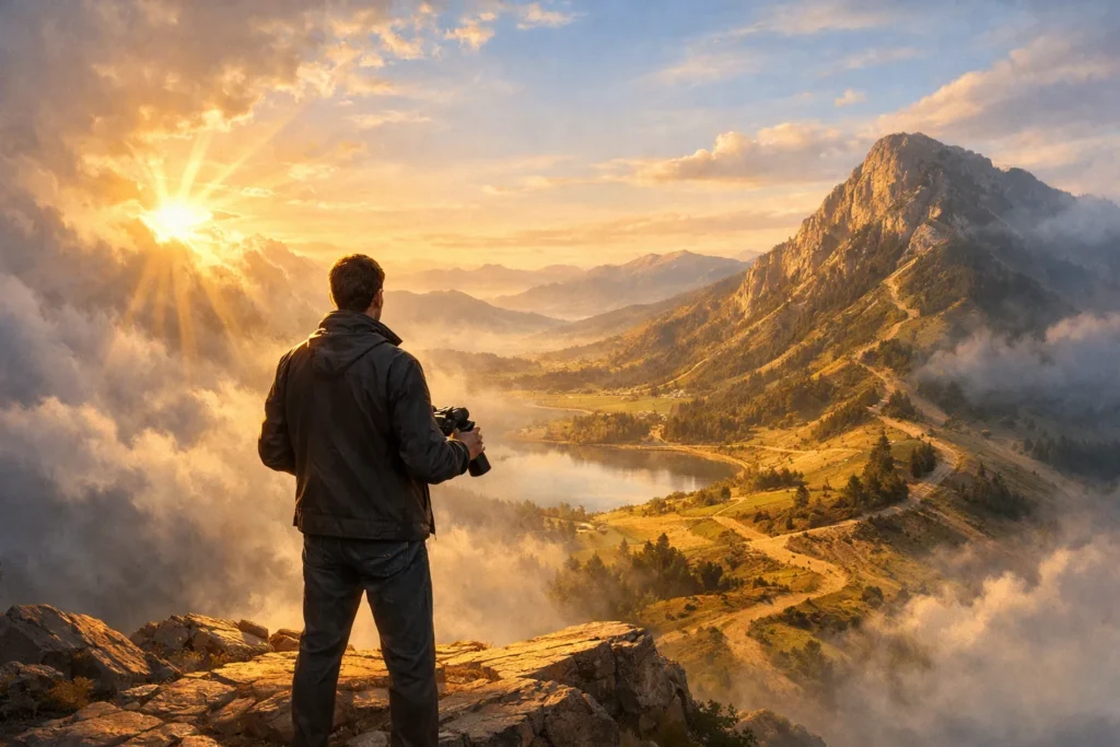 Trader standing above a clearing fog bank at dawn, looking through binoculars at a realistic landscape ahead, symbolizing clarity gained about AI trading tools.