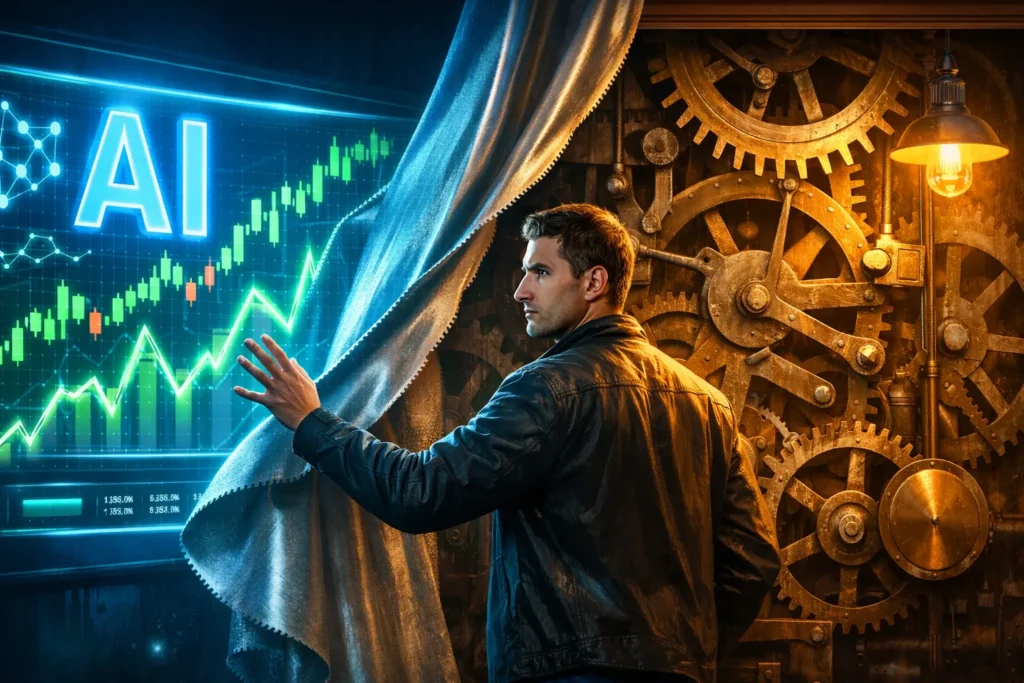 Split illustration showing sleek AI trading hologram on one side and simple mechanical gears underneath, representing the gap between AI bot marketing and reality.