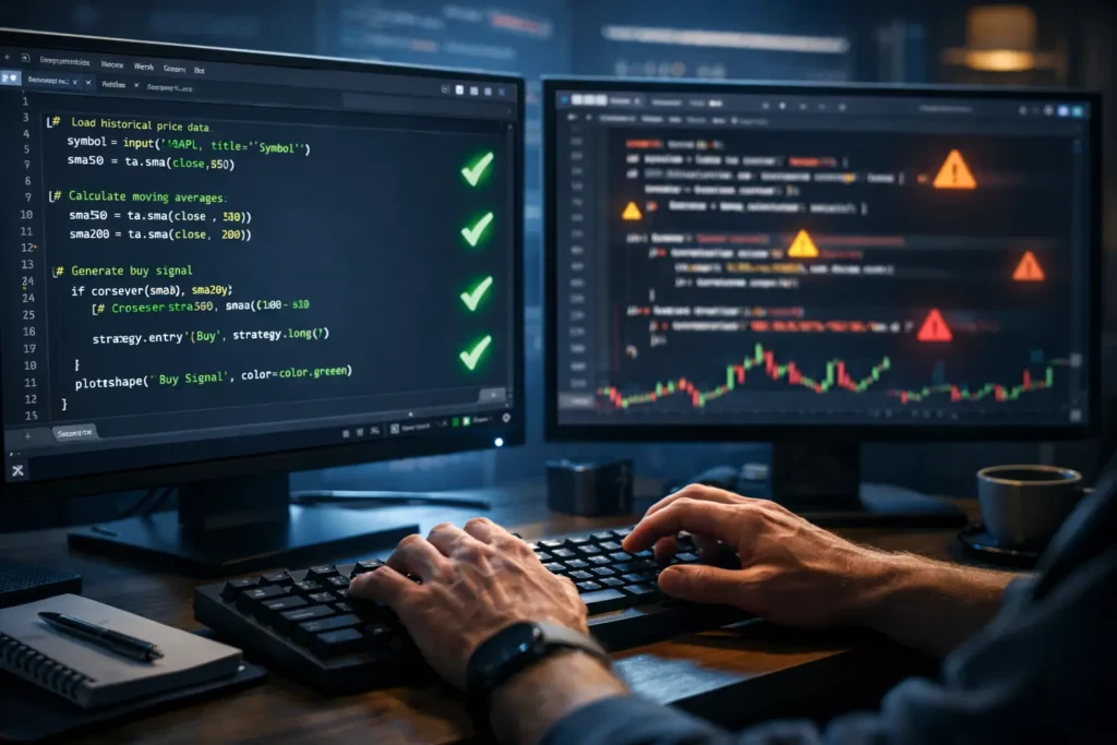 Trader reviewing AI-generated Pine Script code on multiple monitors with quality indicators showing clean versus error-prone code