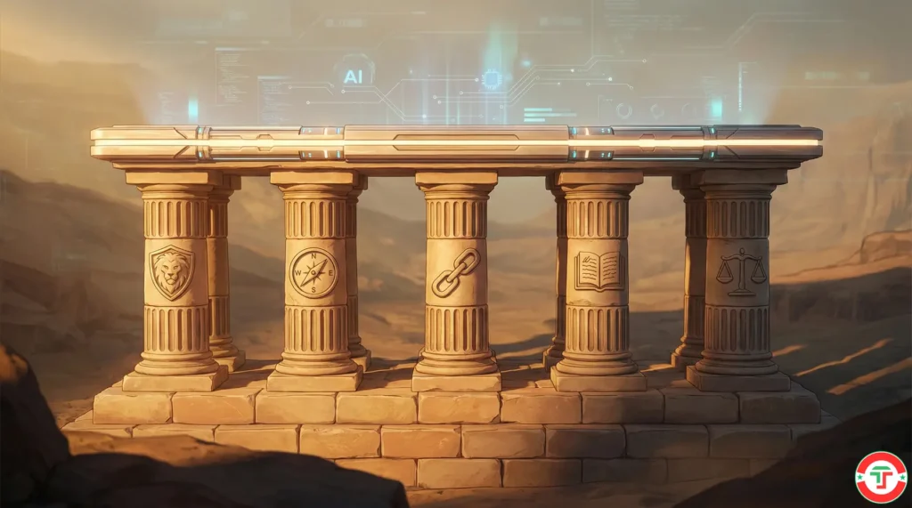 Five stone pillars supporting an AI-themed platform, representing the five foundational trading skills—risk management, trading plan, discipline, journaling, and emotional regulation.