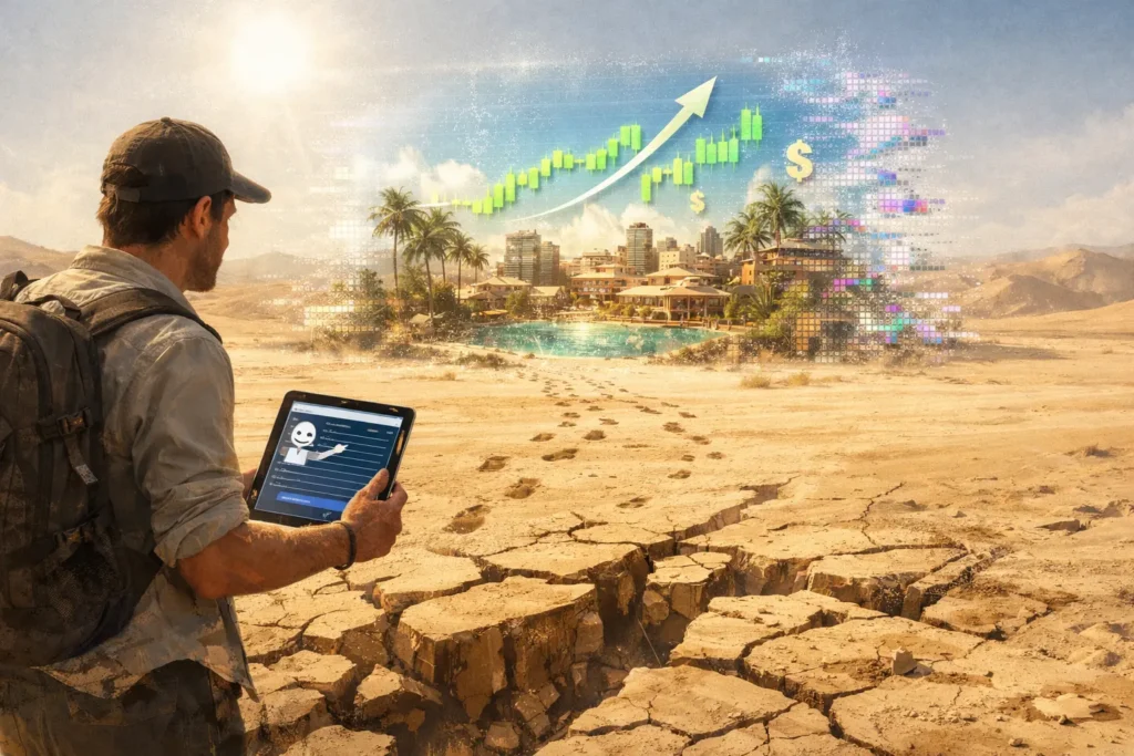 Trader approaching mirage of perfect trading setup in desert, representing AI hallucination danger—confident but wrong AI-generated information