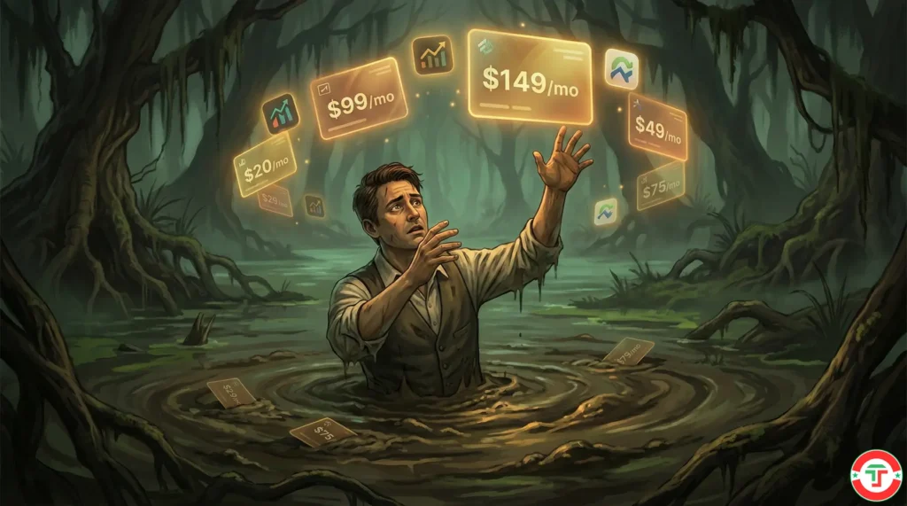 A trader sinking in quicksand while reaching for glowing AI subscription cards floating around them, showing the hidden cost trap