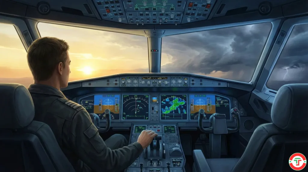 Pilot in a modern cockpit with AI-powered instruments, watching approaching weather through the windshield, representing the human-AI trading partnership.