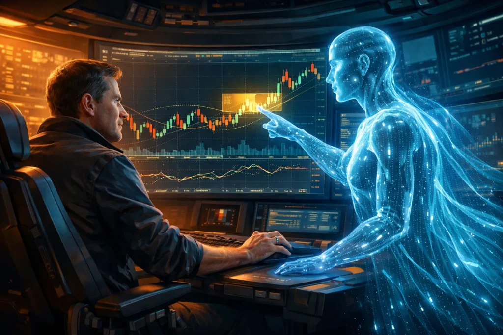  Trader collaborating with a holographic AI assistant at a modern trading desk, representing the Man plus Machine approach that outperforms either alone.