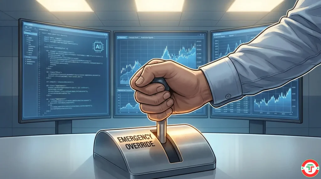 A confident hand gripping an override lever in a high-tech control room with AI trading screens in the background, symbolizing human oversight