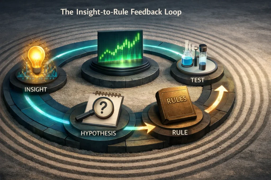 A circular diagram shows four connected stations—Insight, Hypothesis, Test, and Rule—illustrating the feedback loop for turning AI journal analysis into trading improvements.