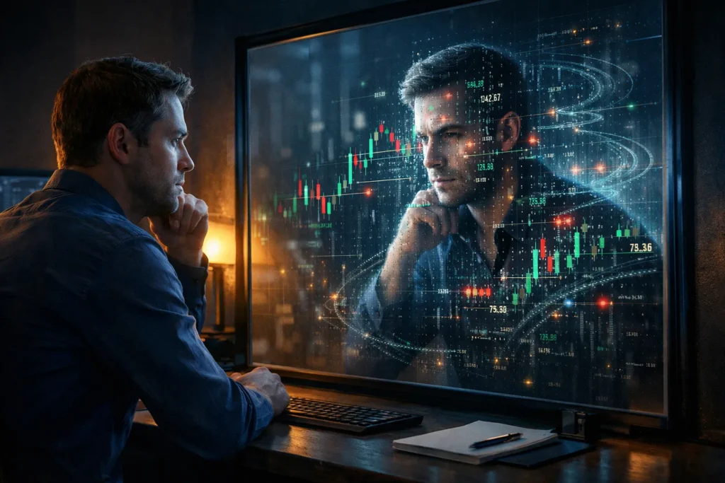 A trader gazes at a screen that reflects hidden data patterns and trading behaviors invisible to the naked eye, visualizing AI as a behavioral mirror.