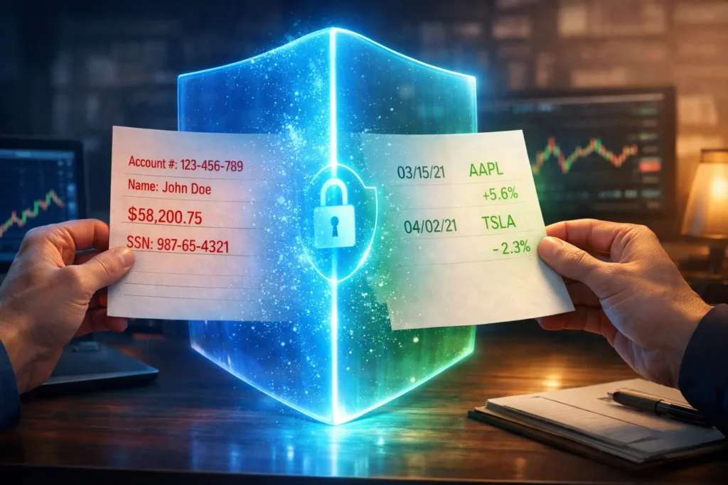Hands pass a trading document through a glowing digital filter that strips sensitive financial details while preserving clean trade data for AI analysis.