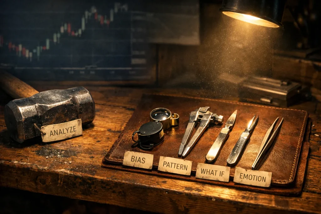 A craftsperson's workbench contrasts a blunt sledgehammer with precision instruments labeled for bias, pattern, what-if, and emotion analysis frameworks.