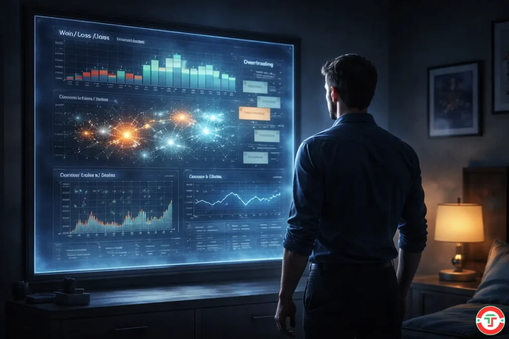 A trader standing before a luminous mirror that reflects data visualizations of their trading patterns instead of their image — representing AI-powered journal analysis.
