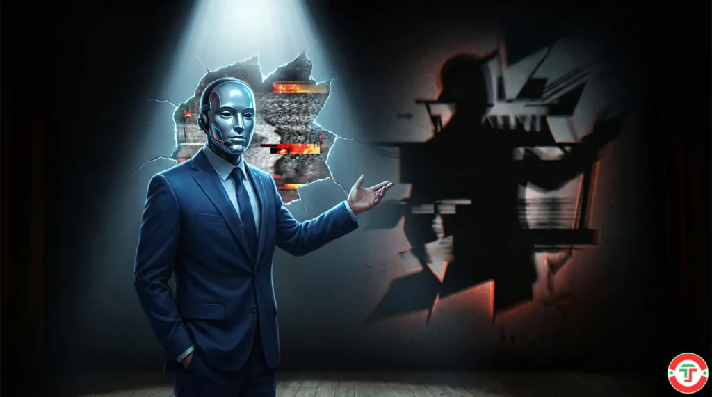 A figure wearing a polished professional mask with chaotic static visible behind it, representing AI overconfidence in trading predictions