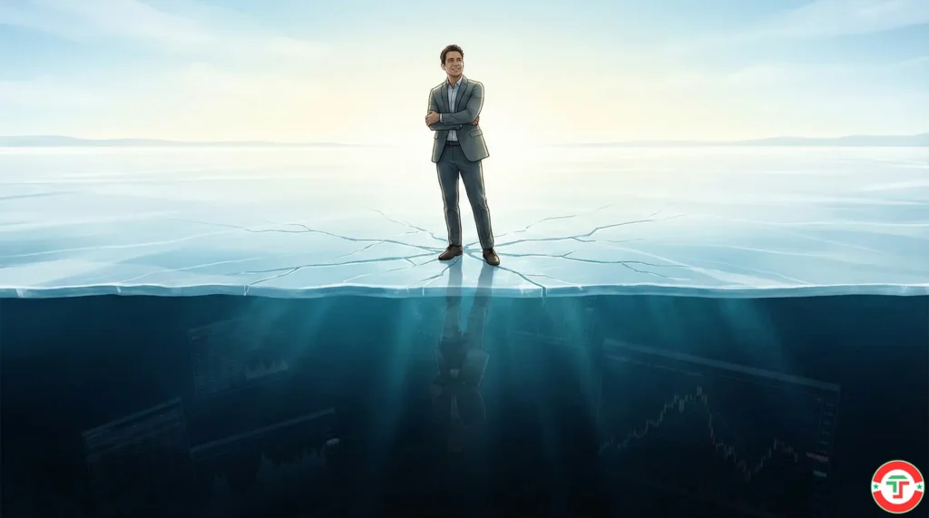 Person standing confidently on cracking thin ice over dark water, visualizing the hidden overconfidence trap when traders use AI tools without self-awareness.