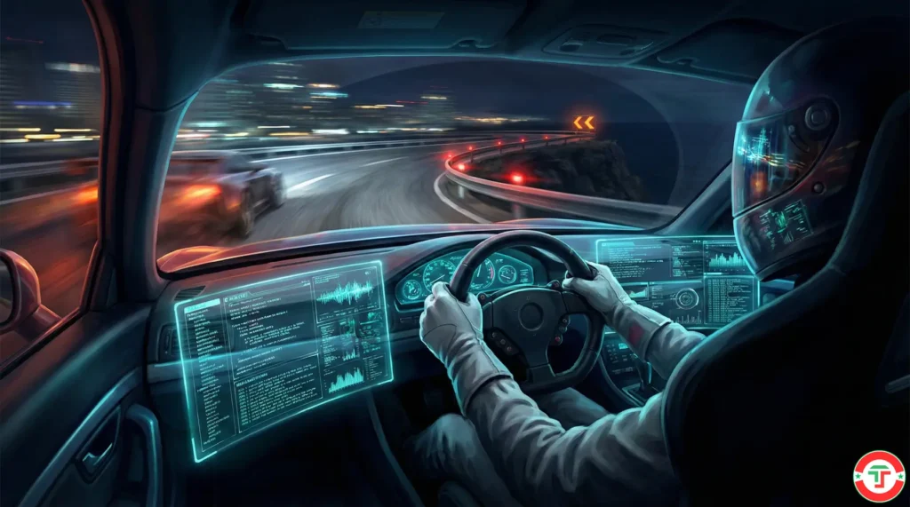  Driver overwhelmed by AI dashboard displays while speeding toward a sharp curve, representing the danger of using AI trading tools without foundational skills.