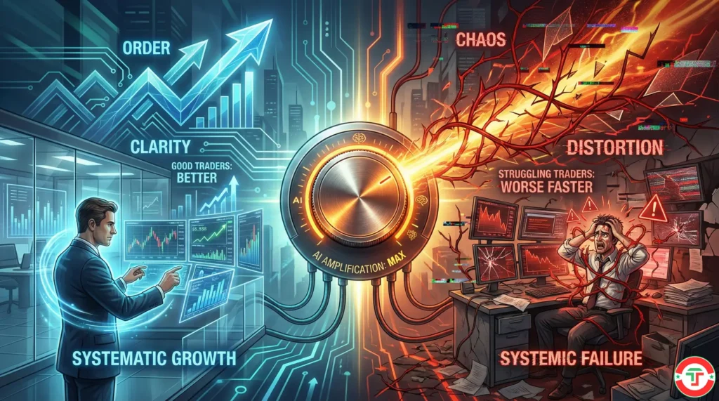 Split illustration showing AI amplifying both order and chaos, representing how AI tools amplify existing trading habits for better or worse.