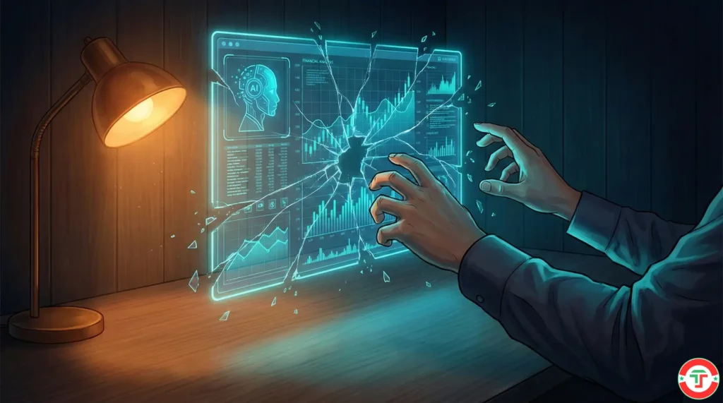 A trader's hands reaching toward a cracked holographic AI trading interface, symbolizing hidden risks beneath polished AI tools
