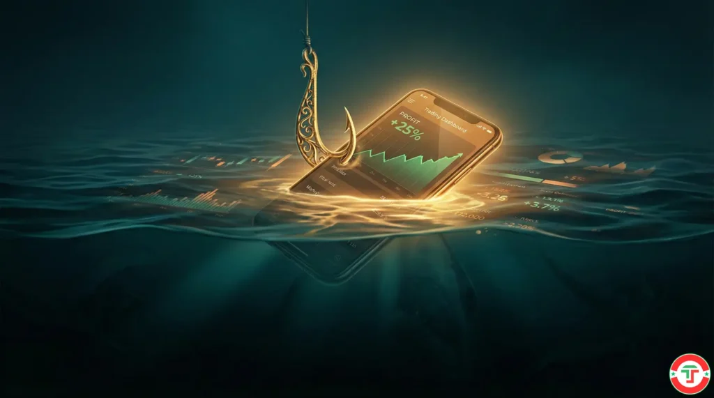Glowing smartphone showing trading profits used as bait on a golden hook over dark water, symbolizing AI trading scams that lure investors.