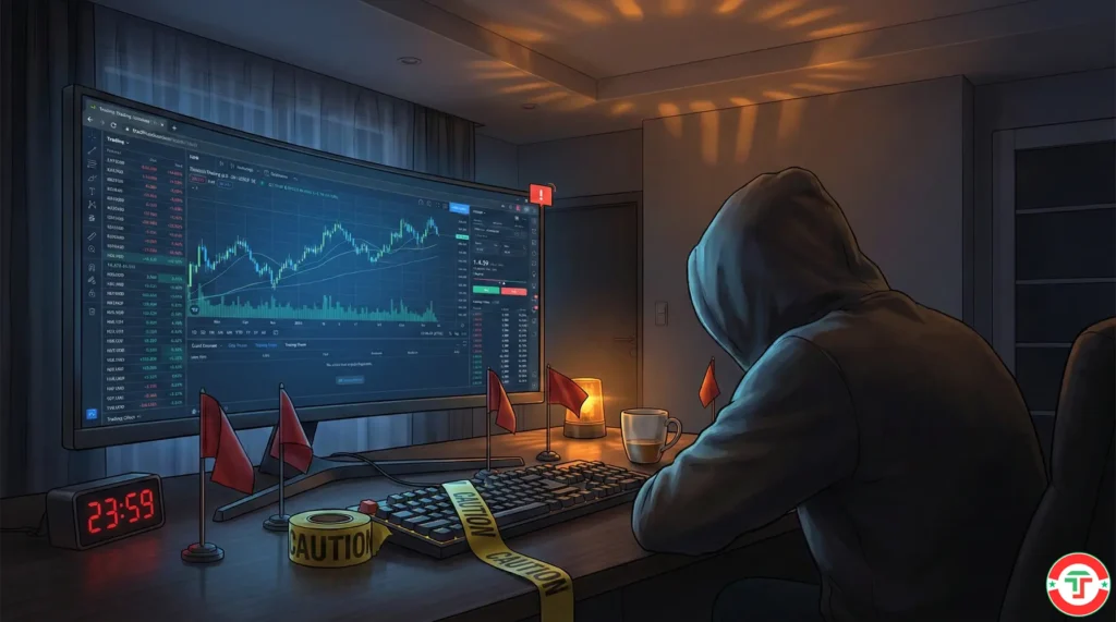 A professional trading setup surrounded by subtle red warning flags and caution signals that most traders miss — illustrating how AI trading scam red flags hide in plain sight.