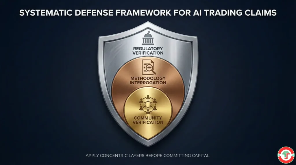 A three-layer verification shield showing regulatory, methodology, and community verification rings — a visual framework for detecting AI trading scams before investing.