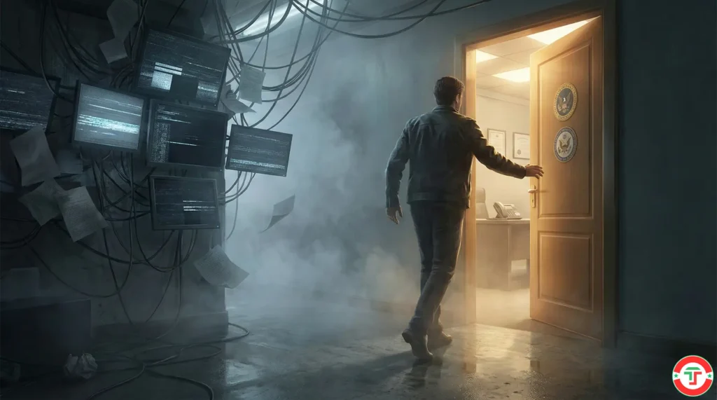 A figure walking decisively from shadowy chaos toward an open lit door, representing the action steps available to AI trading scam victims who act immediately.