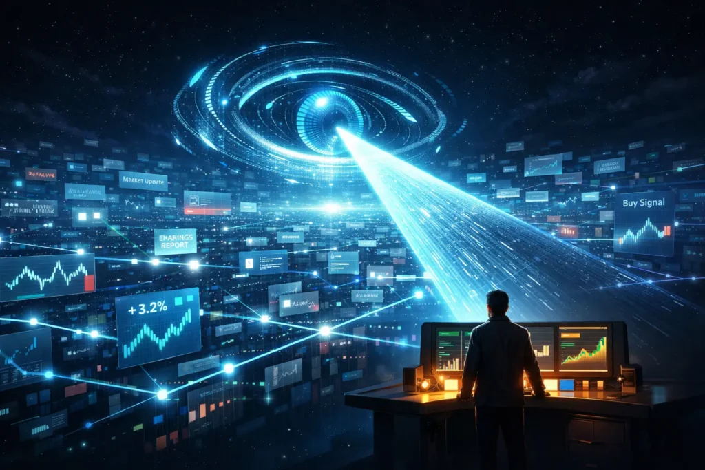 AI scanning system processing vast financial data landscape at machine speed, highlighting patterns and delivering insights to trader's dashboard