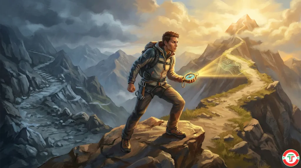 Mountain climber at a ridge holding a glowing compass, with a hard trail behind and a clear summit ahead, representing the tipping point when trading skills meet AI tools.