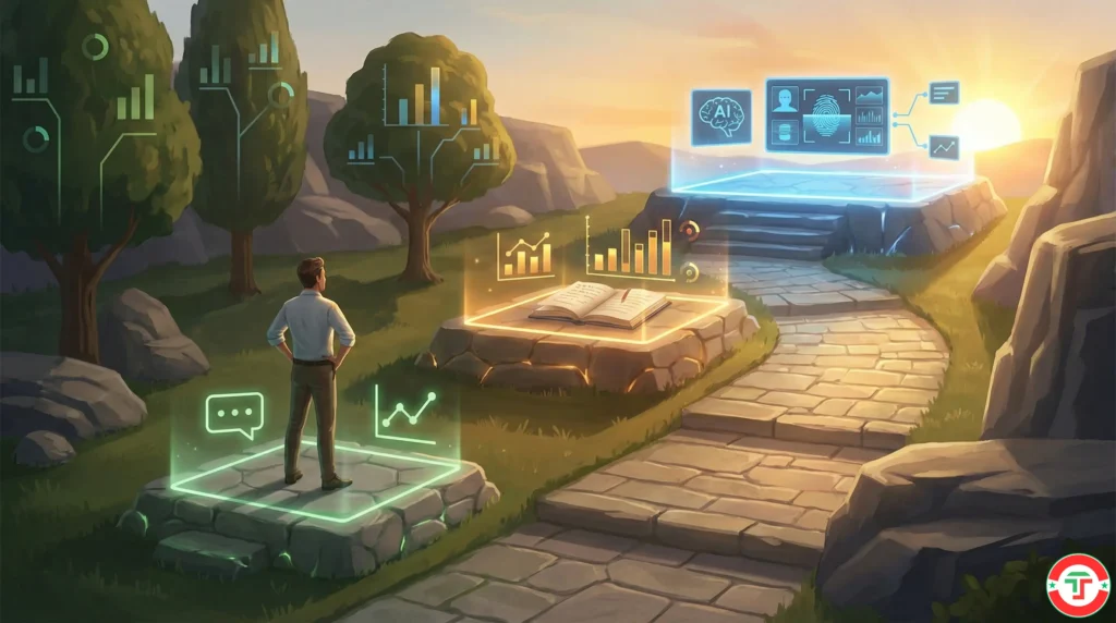 An ascending pathway with three illuminated platforms — free, intermediate, and pro — showing the progressive journey of building an AI trading tool stack.