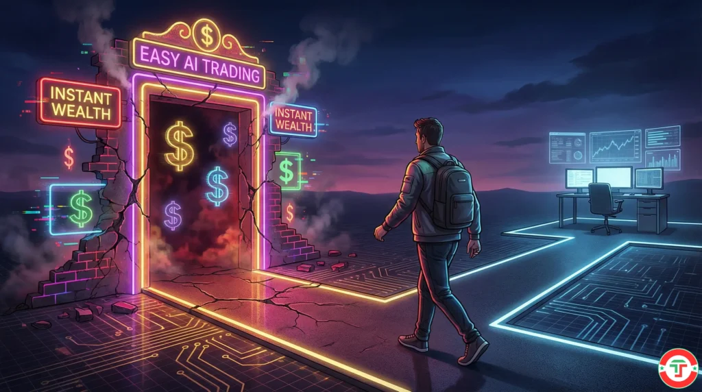 A trader at a crossroads choosing between a garish neon-lit path promising easy gains and a clean, professional path — representing the choice between AI trading hype and legitimate tools.
