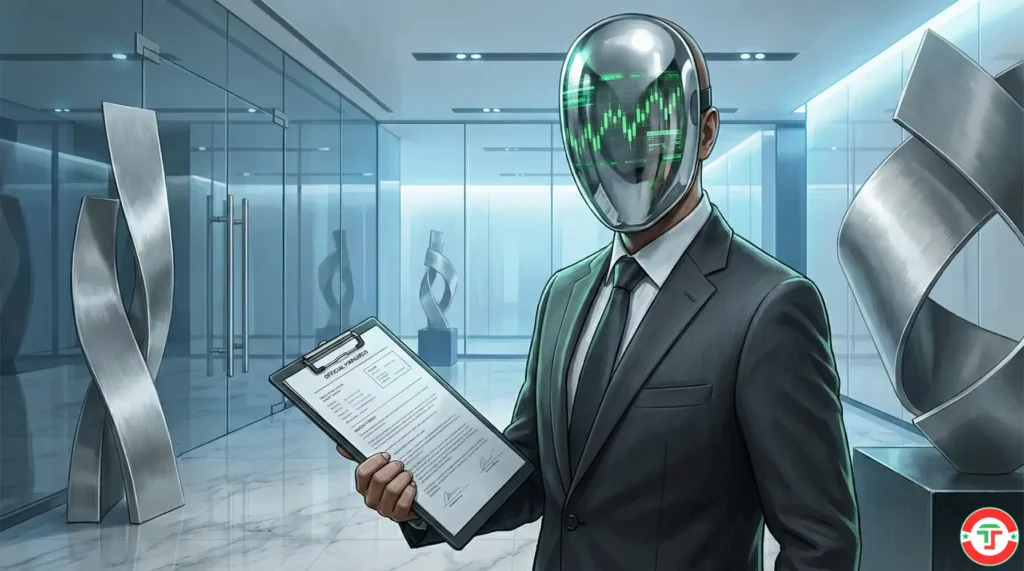 A suited figure with a featureless chrome mask reflecting trading charts, symbolizing AI washing and fraud hiding behind false technological authority.