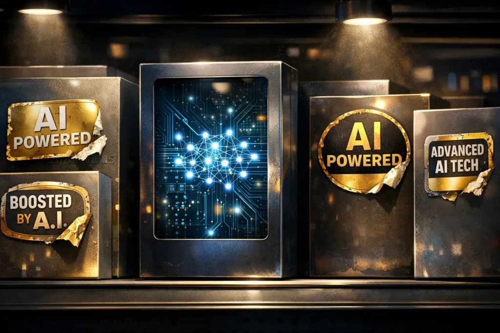 Product display showing AI-powered marketing labels peeling away to reveal basic technology underneath, illustrating the concept of AI washing in trading tools